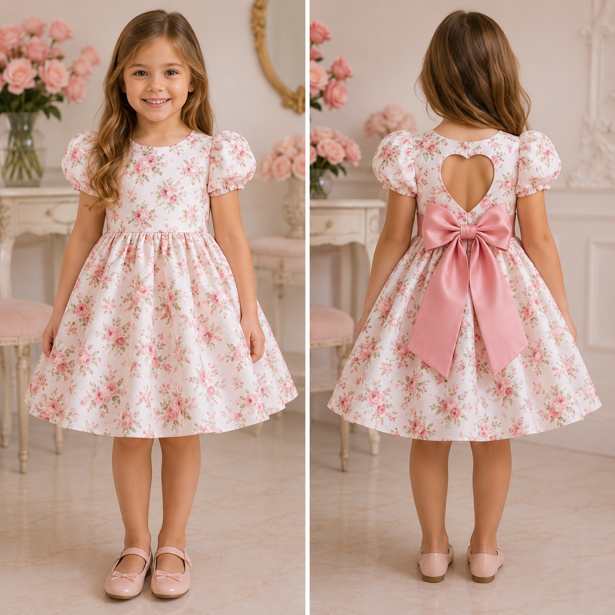 Vestido floral com laço rosa