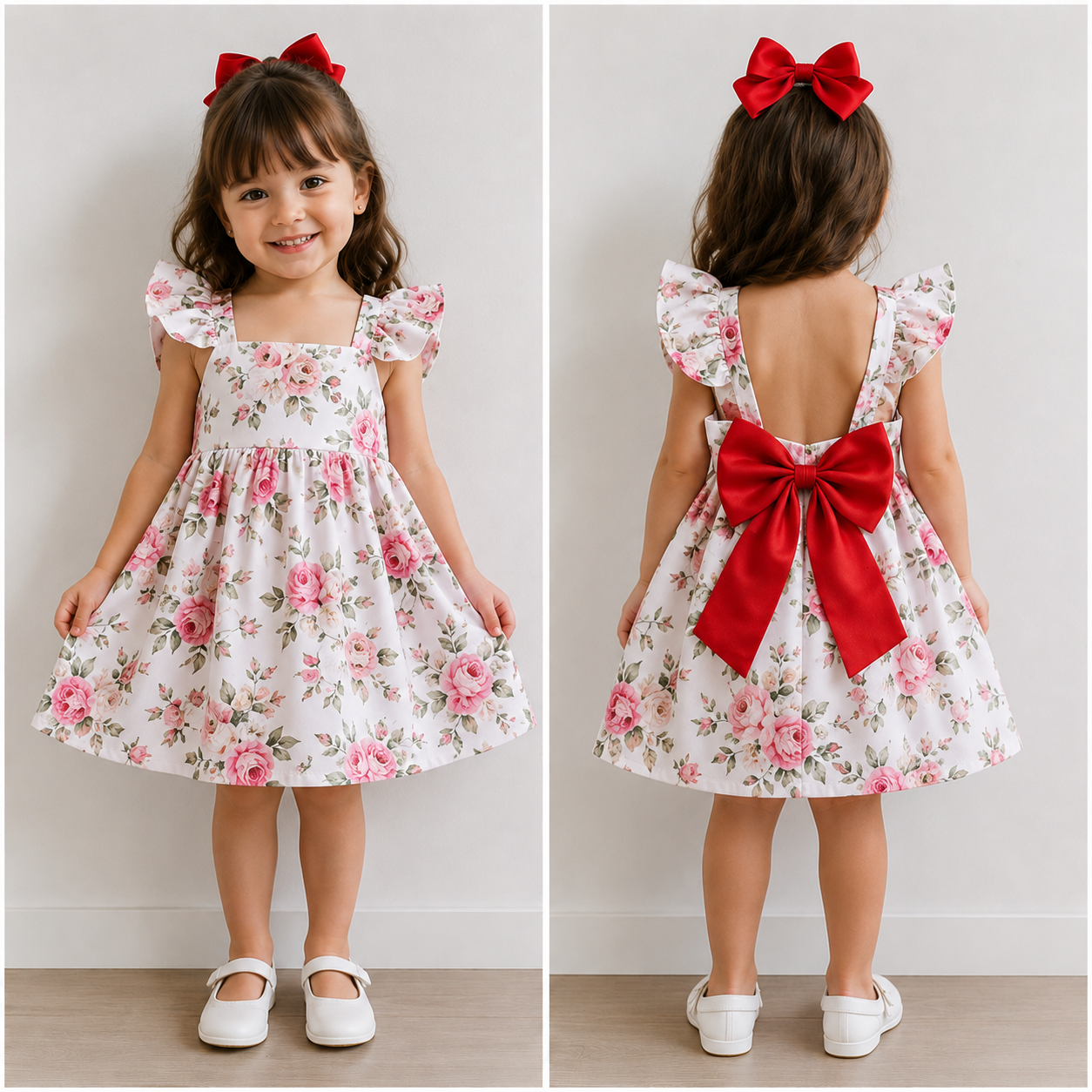 Vestido floral com laço vermelho