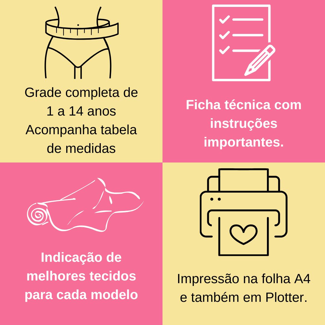 Grade de 1 a 14 anos, tabela de medidas, ficha técnica, indicação de tecidos e impressão A4 ou plotter